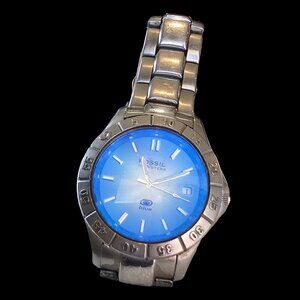 Mens‎ Fossil Watch Wristwatch Silver Aqua Blue Face Irridescent Needs Battery